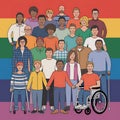 Diverse group of people standing together in vector art representing inclusion and community with rainbow background support Royalty Free Stock Photo