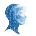 Vector art of silhouette of a human head filled with numbers, representing artificial intelligence, data analysis, and the digital Royalty Free Stock Photo