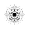 Vector art of stylized brain with a computer chip at its center, radiating lines, , representing artificial intelligence Royalty Free Stock Photo