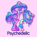 Vector art of three psychedelic mushrooms with gradients and UV neon light effects. New age concept of magic and surreal fungus.