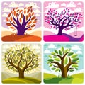 Vector art trees with swing on beautiful cloudy spring landscape