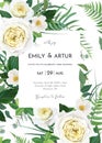 Vector art watercolor style floral wedding invite, invitation, save the date card, poster template design. Yellow roses, white Royalty Free Stock Photo