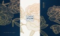 Vector artdeco luxury flower line pattern, golden background. Hand drawn peonies for packaging, social media post, cover