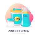 Vector artificial feeding goods illustration. Newborn accessories in cartoon style