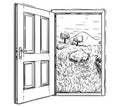 Vector Artistic Drawing Illustration of Closed Door to Beautiful Nature Landscape