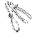 Vector Artistic Drawing Illustration of Combination Pliers and Screwdriver