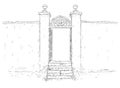 Vector Artistic Drawing Illustration of Decorated Garden Gate With Wall