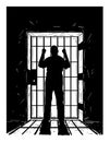 Vector Artistic Drawing of Prisoner in Prison Cell Holding Bars. Light From Outside is Casting Shadow Royalty Free Stock Photo