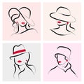 Vector artistic hand drawn stylish young lady portrait set isolated on white background. Royalty Free Stock Photo