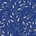 Vector artistic ornamental leaves twigs branches on blue elegant retro seamless pattern background