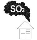 Vector Artistic Drawing Illustration of Smoke Coming from House Chimney, Sulfur Dioxide or SO2 Air Pollution Concept