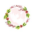 Vector artistic watercolor hand drawn Merry Christmas decoration wreath with holly berry branches isolated on white background. Royalty Free Stock Photo