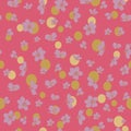 Vector artwork hand drawn pink cherry blossoms pink background with yellow polka dots seamless pattern Royalty Free Stock Photo