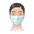 Vector Asian woman wearing disposable medical surgical face mask to protect against high air toxic pollution city