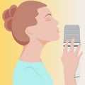 Vector ASMR concept. Young woman with close eyes and the microphone make massage, whisper, rustling. Girl blogger