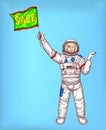 Vector astronaut girl in spacesuit with green flag