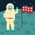 Vector astronaut stands on the planet with flag, Cosmic space background Royalty Free Stock Photo