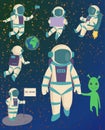 Vector astronauts in space, working character and having fun spaceman galaxy atmosphere system fantasy traveler man.