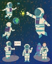 Vector astronauts in space, working character and having fun spaceman galaxy atmosphere system fantasy traveler man. Royalty Free Stock Photo