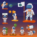 Vector astronauts in space, working character and having fun spaceman galaxy atmosphere system fantasy traveler man. Royalty Free Stock Photo