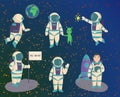 Vector astronauts in space, working character