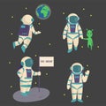 Vector astronauts in space, working character and having fun spaceman galaxy atmosphere system fantasy traveler man.