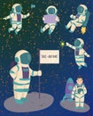 Vector astronauts in space, working character and having fun spaceman