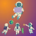 Vector astronauts in space, working character and having fun spaceman galaxy atmosphere system fantasy traveler man.