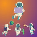 Vector astronauts in space, working character and having fun spaceman galaxy atmosphere system fantasy traveler man. Royalty Free Stock Photo