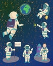 Vector astronauts in space, working character and having fun spaceman galaxy atmosphere system fantasy traveler man.