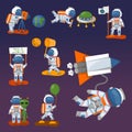 Vector astronauts in space, working character and having fun spaceman galaxy atmosphere system fantasy traveler man. Royalty Free Stock Photo