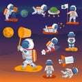 Vector astronauts in space, working character and having fun spaceman galaxy atmosphere system fantasy traveler man. Royalty Free Stock Photo