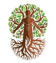 Vector athletic man created as continuation of tree with strong roots and organic green leaves. Green tourism, go green idea Royalty Free Stock Photo