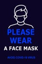 Vector attention sign, please wear a face mask avoid covid-19 virus on dark blue background. warning or caution sign. Royalty Free Stock Photo