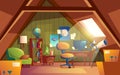 Vector attic interior, children playroom with furniture. Royalty Free Stock Photo