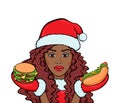 Vector attractive african american woman in Santa costume with burger and hot dog, winter pop art retro fast food advertising