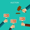 Vector auction and bidding concept. Hand holding auction paddle. Flat vector illustration with hand and banner BID. Royalty Free Stock Photo