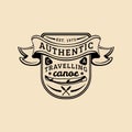 Vector authentic camp logo. Tourist sign with hand drawn canoe and paddles. Retro hipster badge of outdoor adventures.