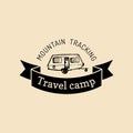 Vector authentic camp logo.Tourist sign with hand drawn trailer. Retro hipster emblem,badge,label of outdoor adventures.