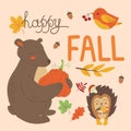 Vector autumn background with cute bear, bird and hedgehog, falling leaves, branches and text Happy Fall in flat style. Childish