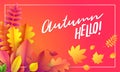 Vector autumn banner. Bouquet of fallen autumn leaves on red background with text Hello Autumn. Royalty Free Stock Photo