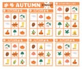 Vector Autumn bingo cards set. Fun family lotto board game with cute pumpkin, mushroom, umbrella for kids. Fall seasonal lottery Royalty Free Stock Photo