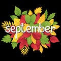 Vector autumn bouquet of colorful leaves. Vector text lettering september on background from a set of red, yellow and