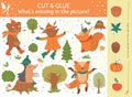 Vector autumn cut and glue activity. Fall season educational crafting game with cute forest animals. Fun activity for kids. What