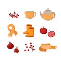 Vector autumn cute set. Hand drawn fall elements berries, scarf, teapot, cup and fruits. Autumn clip art for web card
