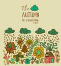 Vector autumn doodles card. Hand draw trees and leafs over the c Royalty Free Stock Photo