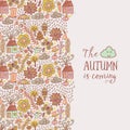 Vector autumn doodles card. Hand draw trees and leafs over the city. Lettering quote