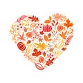 Vector autumn elements made in heart love. Mushroom, acorn, maple leaves and pumpkin isolated on white background