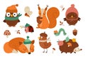 Vector Autumn forest animals and insects set. Cute hedgehog, squirrel, fox, bird, owl in hats and scarves. Vector fall or