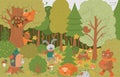 Vector autumn forest background with cute animals, leaves, trees, mushrooms. Funny woodland scene with bear, squirrel, sleeping